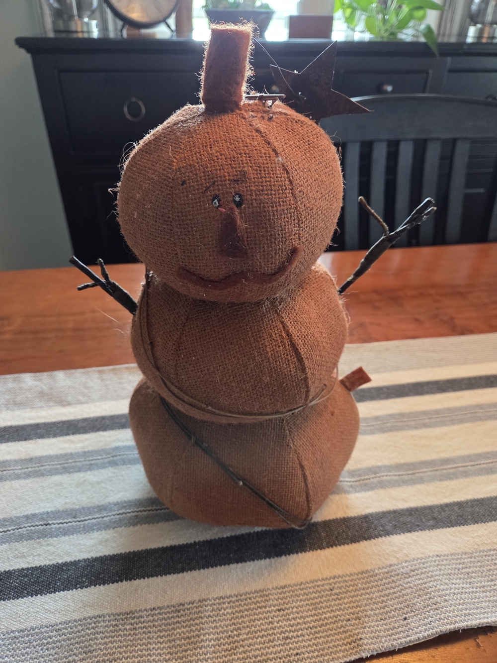 Festive Orange Burlap Pumpkin Snowman Figurine - Home Holiday Decor